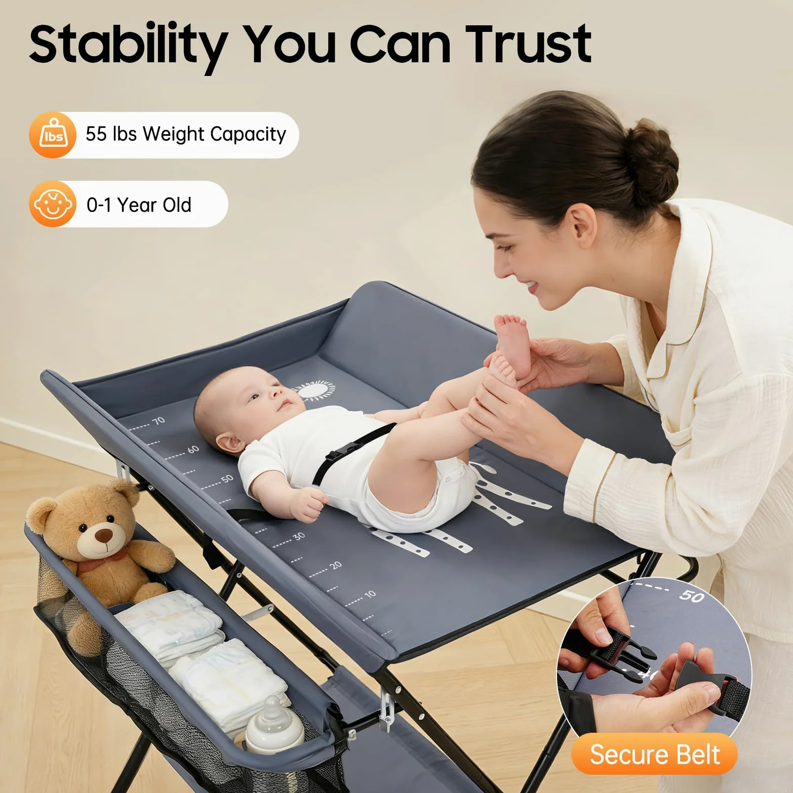 Fasciatoio pieghevole e portatile 3 in 1, fino a 25 kg, fasciatoio per neonati, con cestino portaoggetti, cintura di sicurezza e 4 ruote con freno, regolabile in altezza, grigio
