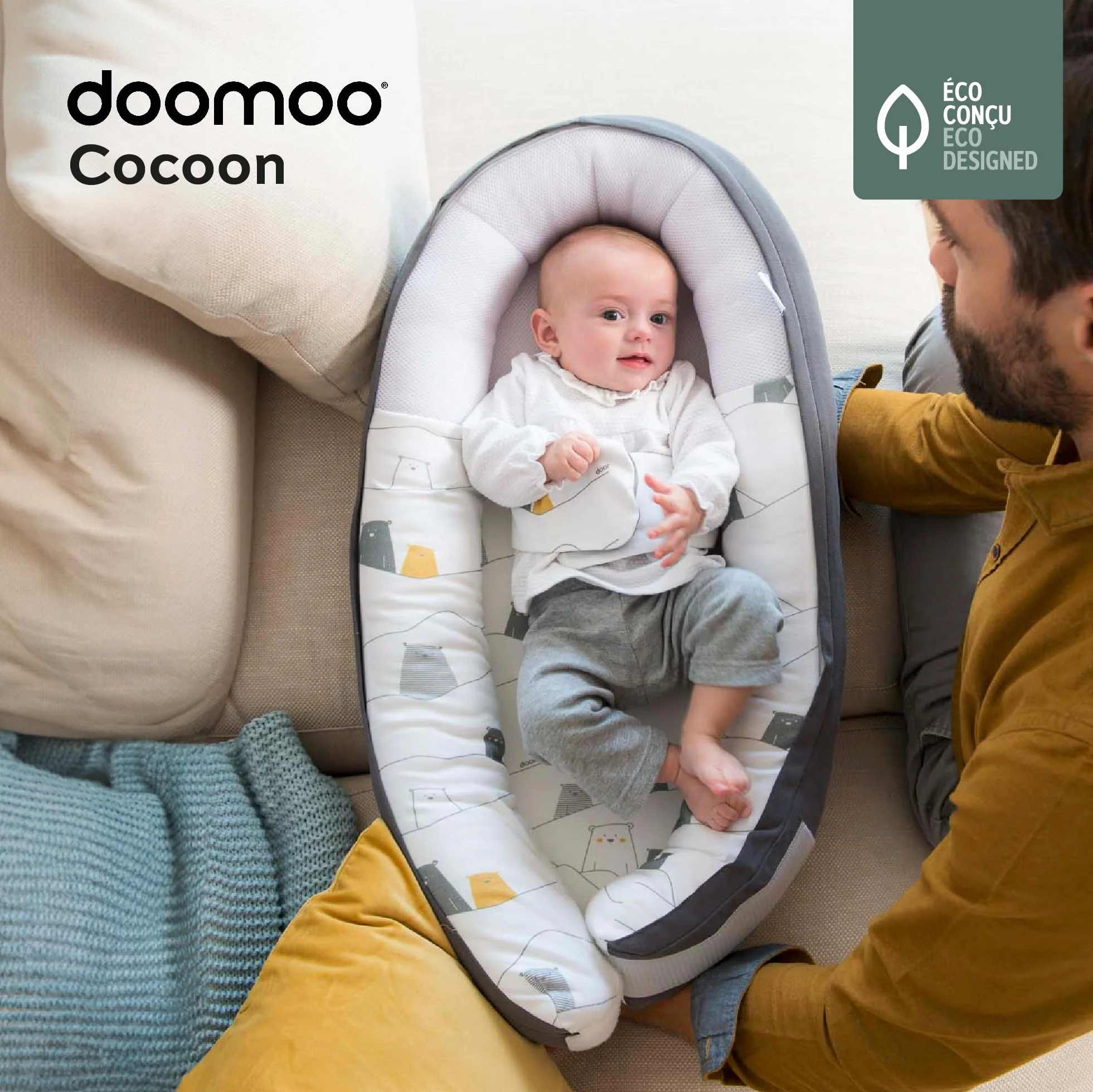 doomoo Riduttore neonato Cocoon Bear Grey, evolutivo, traspirante, 0-8 mesi