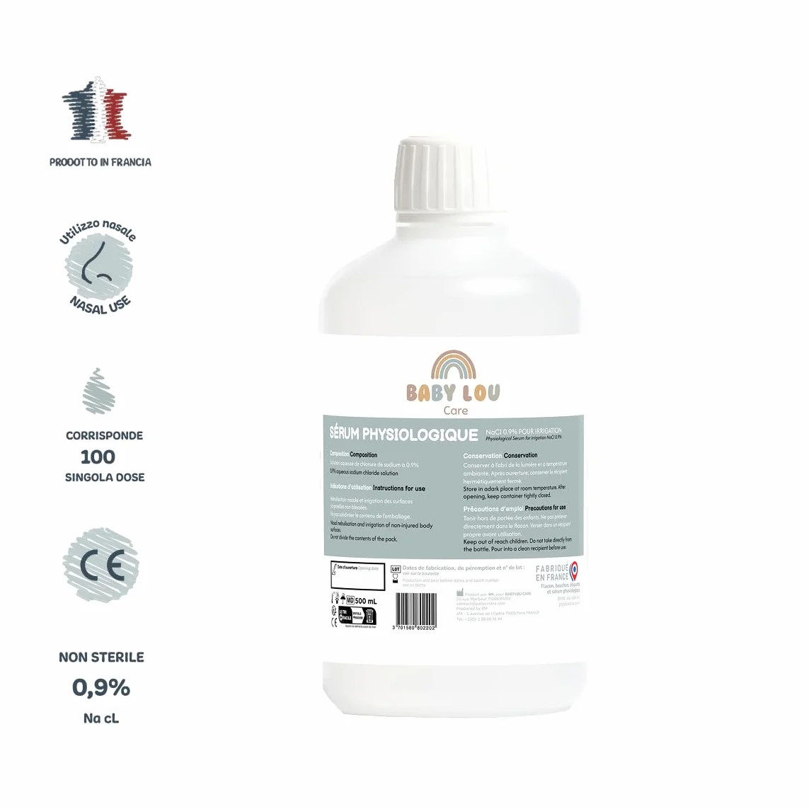 Siero fisiologico in bottiglia 4x500ml | NaCl 0,9% | Prodotto in Francia | Lavaggio delle fosse nasali | Igiene del naso | Per irrigazione esterna