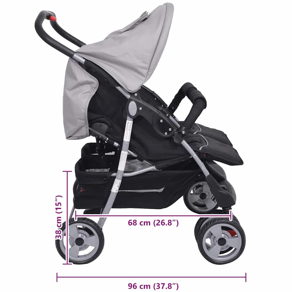 vidaXL Passeggino Gemellare Bambini Regolabile Acciaio Grigio Nero Carrozzina