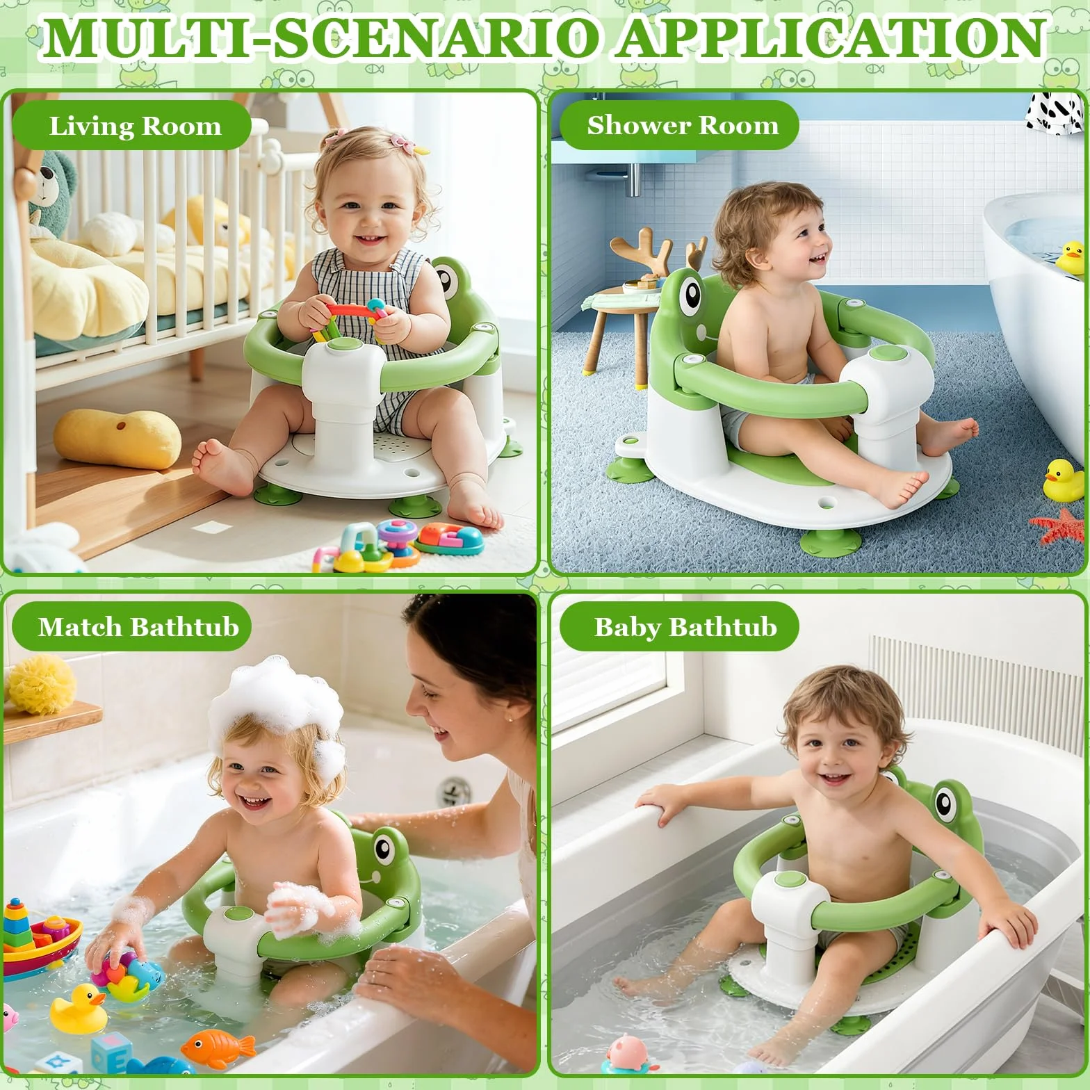 Seggiolino Doccia Bimbo,Bambino Seggiolino da Bagno,Seggiolino Vasca da Bagno Bambino,Seggiolino da Bagno con 4 Ventose,per Bambini a Partire da 6 Mesi per Doccia o Vasca da Bagno - Verde