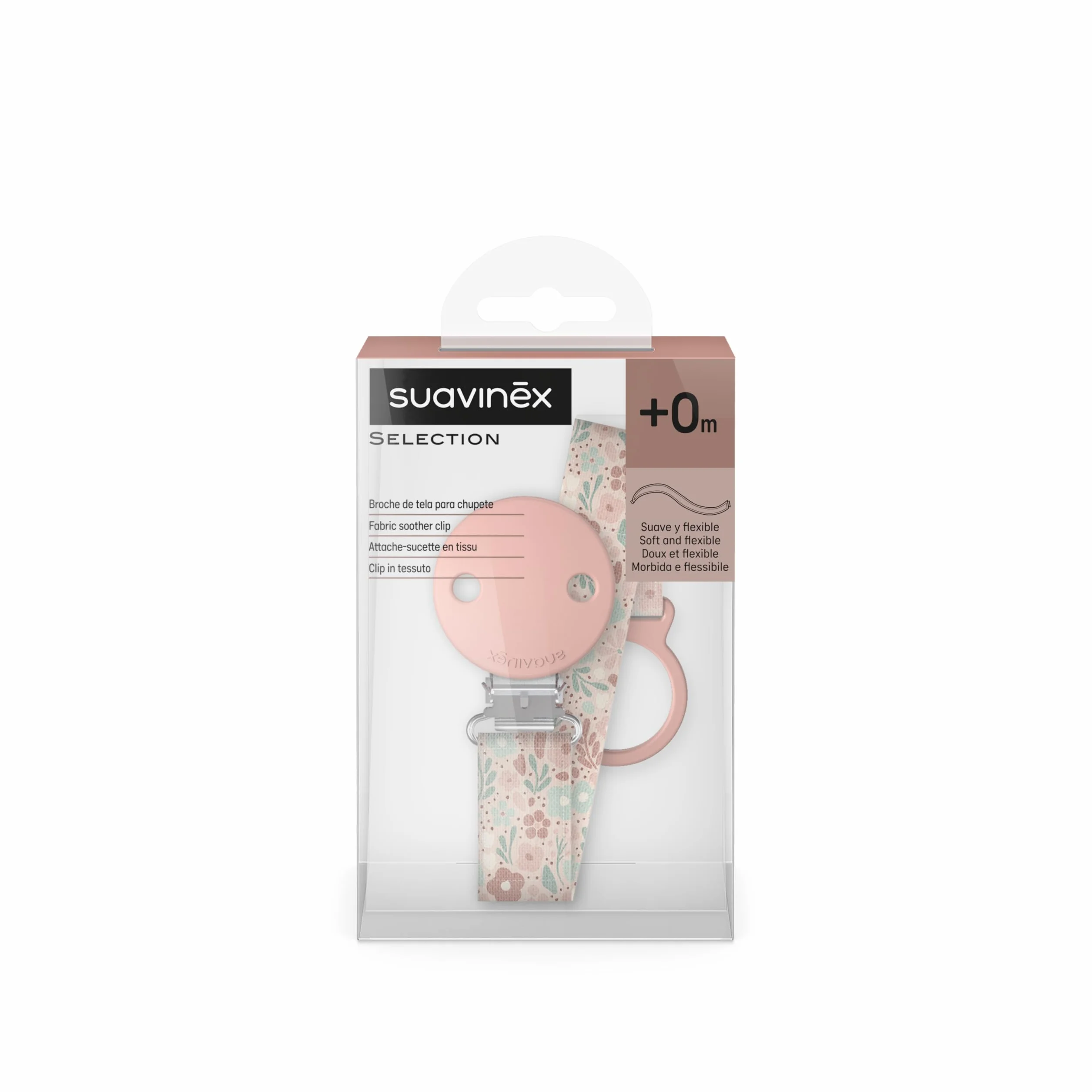 Suavinex, Portaciuccio in tessuto per neonati, Nastro con disegno double-face, Catenella per ciuccio, Clip con fermaglio, per ciucci con anello. +0 mesi, adatto ai neonati, Wonder Fiori Rosa