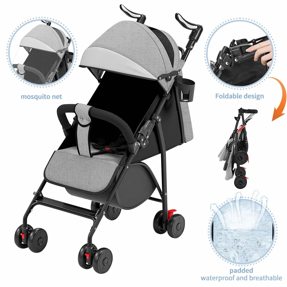 OHMG Passeggino Leggero e Compatto,Passeggini compatti Confortevole,Passeggino Sport Per Bambin,Pieghevole,25kg,Chiusura una Mano,UPF 50+,Zanzariere,Cinture di sicurezza a 5 punti