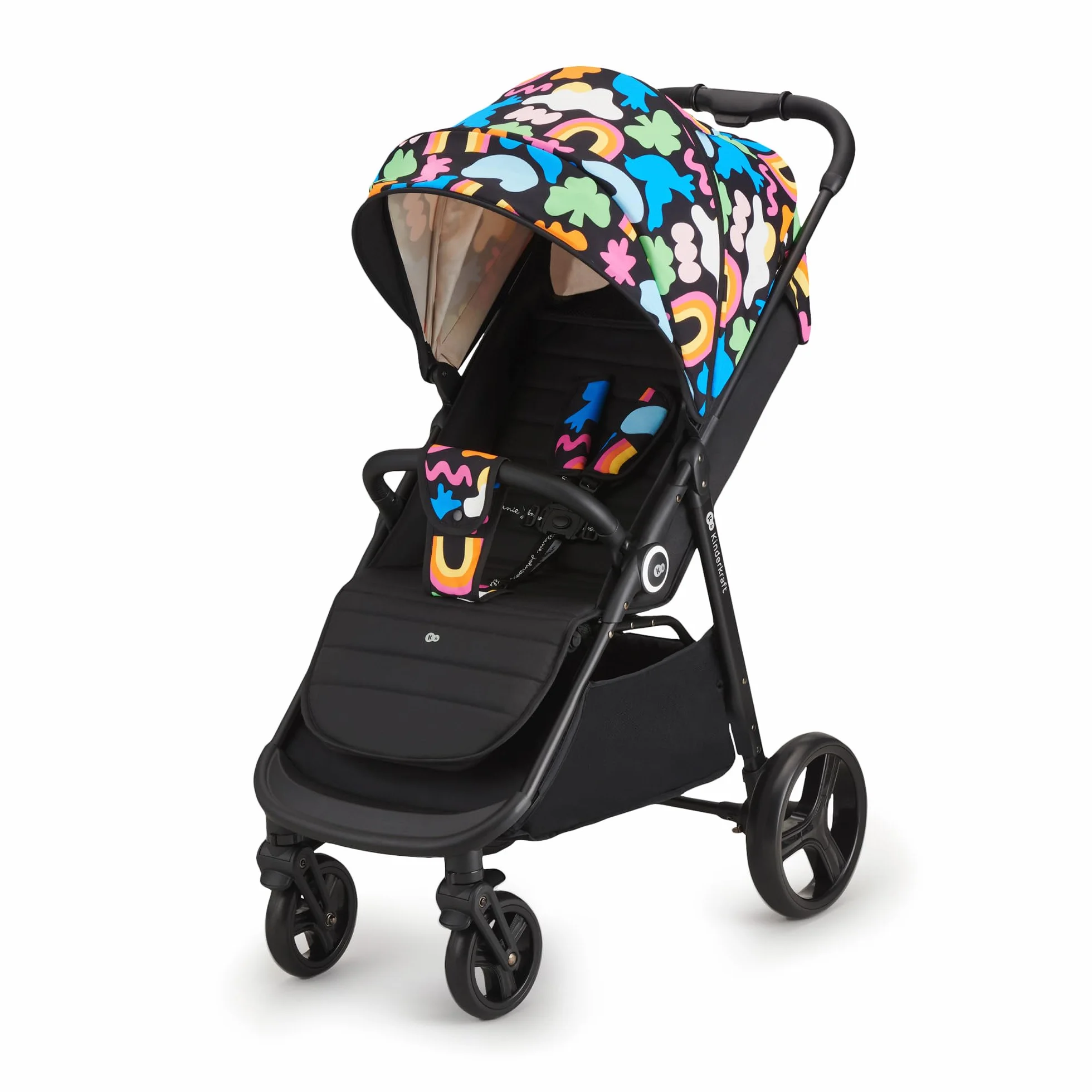 Kinderkraft GRANDE PLUS Passeggino Leggero dalla Nascita fino 22 kg, Pieghevole con una Mano, Posizione Sdraiata, L'ammortizzazione su Tutte le Ruote, Cappottina XL, Happy Shapes