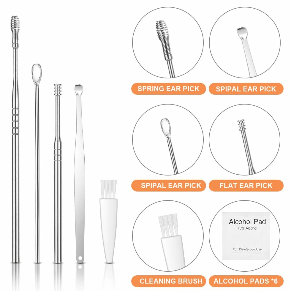 Vicloon Pulisci Orecchie, 15 Pezzi Kit Rimozione Cerume, Strumenti per Pulizia Dell’Orecchio con LED, 2 Lente D'ingrandimento e 6 Tamponi, Con Scatola Portaoggetti, Adatto per Adulti e Bambini