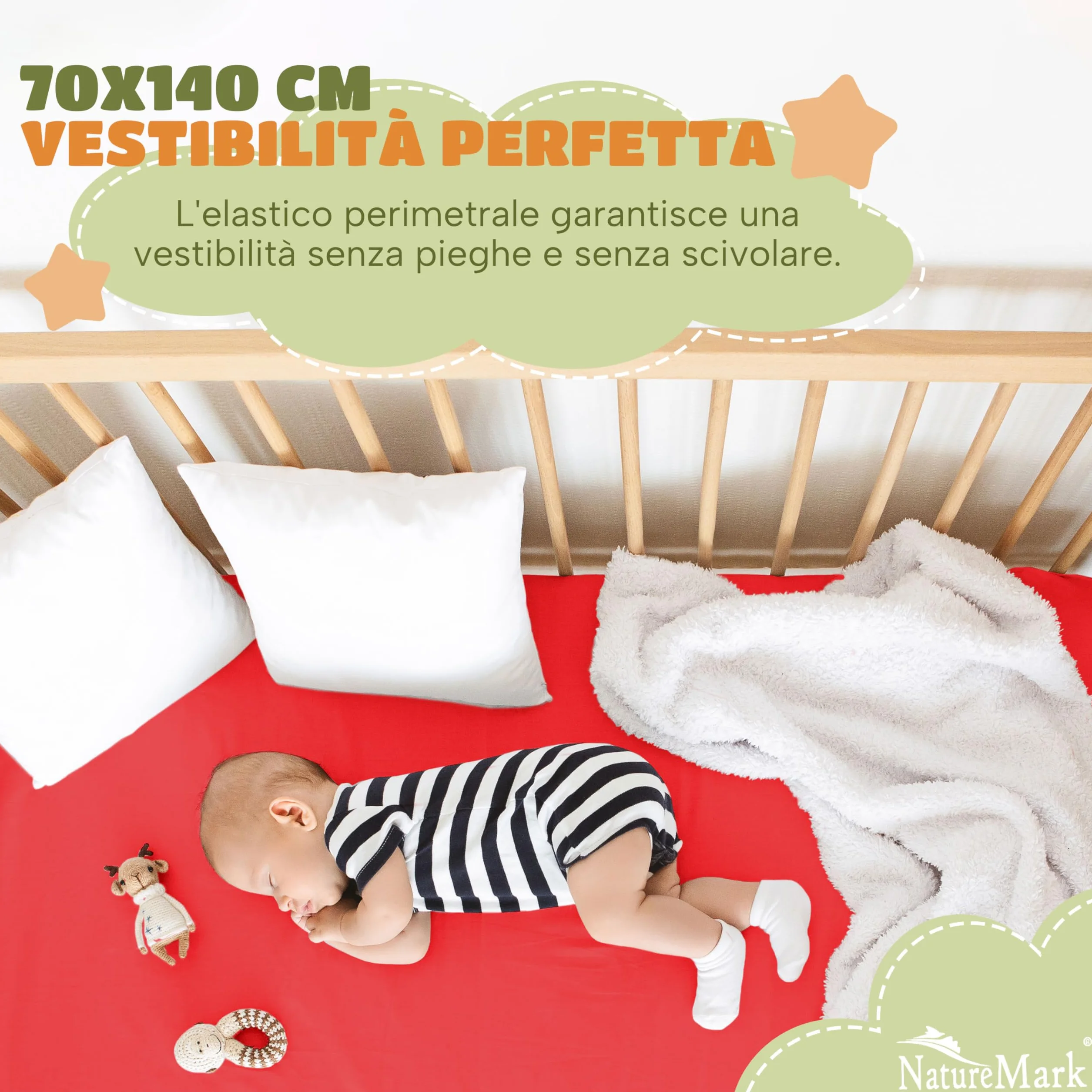 NatureMark Lenzuolo con angoli elasticizzati per bambini, 70 x 140 cm, morbido jersey, 100% cotone, set da 2 per culla e culla, rosso