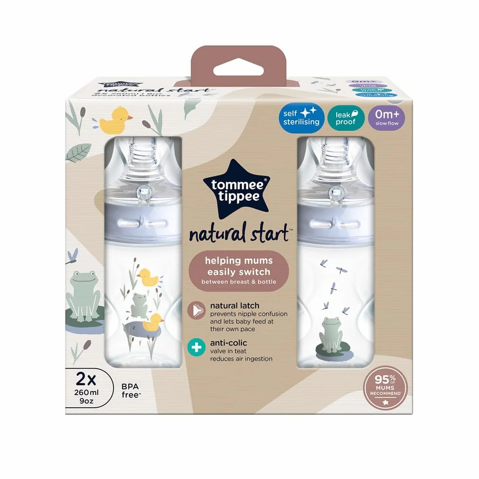 Tommee Tippee biberon anti-colica Natural Start 260ml, con tettarella simile al seno materno, valvola anti-colica, autosterilizzante, blu ciano, 2 pezzo