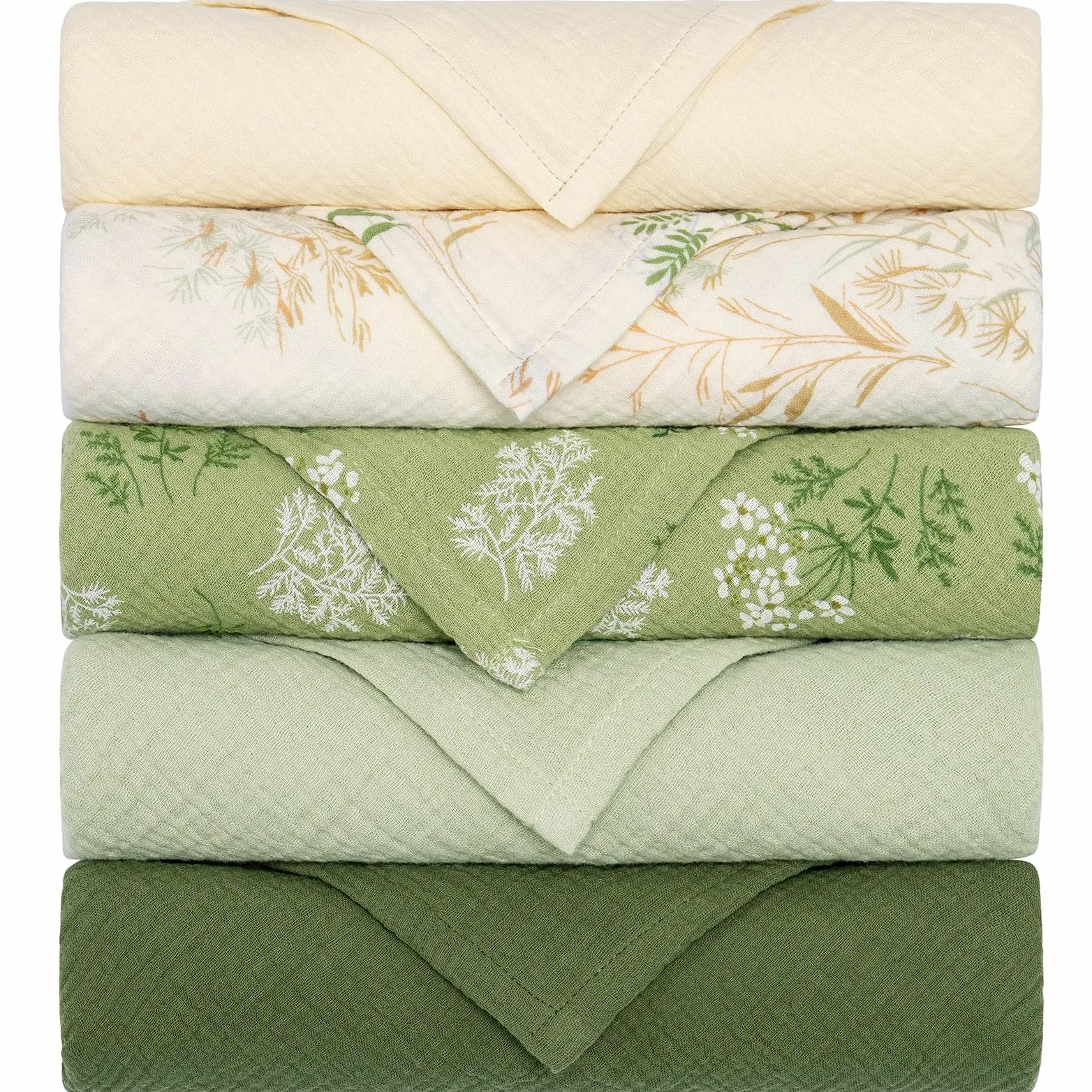 Baby Mussola - Panno quadrato per neonato, confezione da 5 pezzi, 60 x 60 cm, in cotone, assorbente, traspirante e ideale da pulire, per genitori, verde