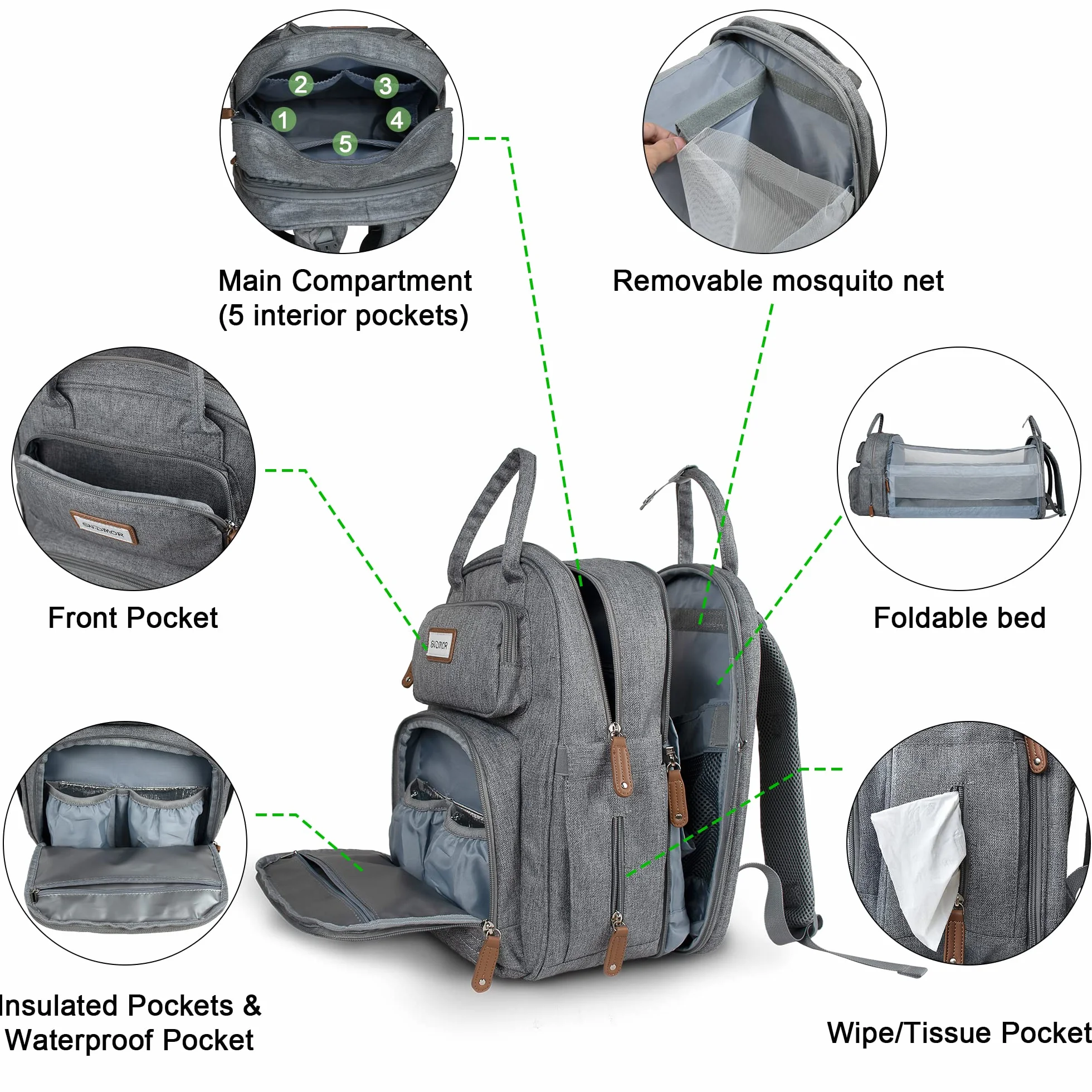 SNDMOR Zaino per Fasciatoio, Borsa per Bebè Unisex Grande con Fasciatoio, Grande Capacità, Impermeabile alla Moda (Grigio Chiaro)