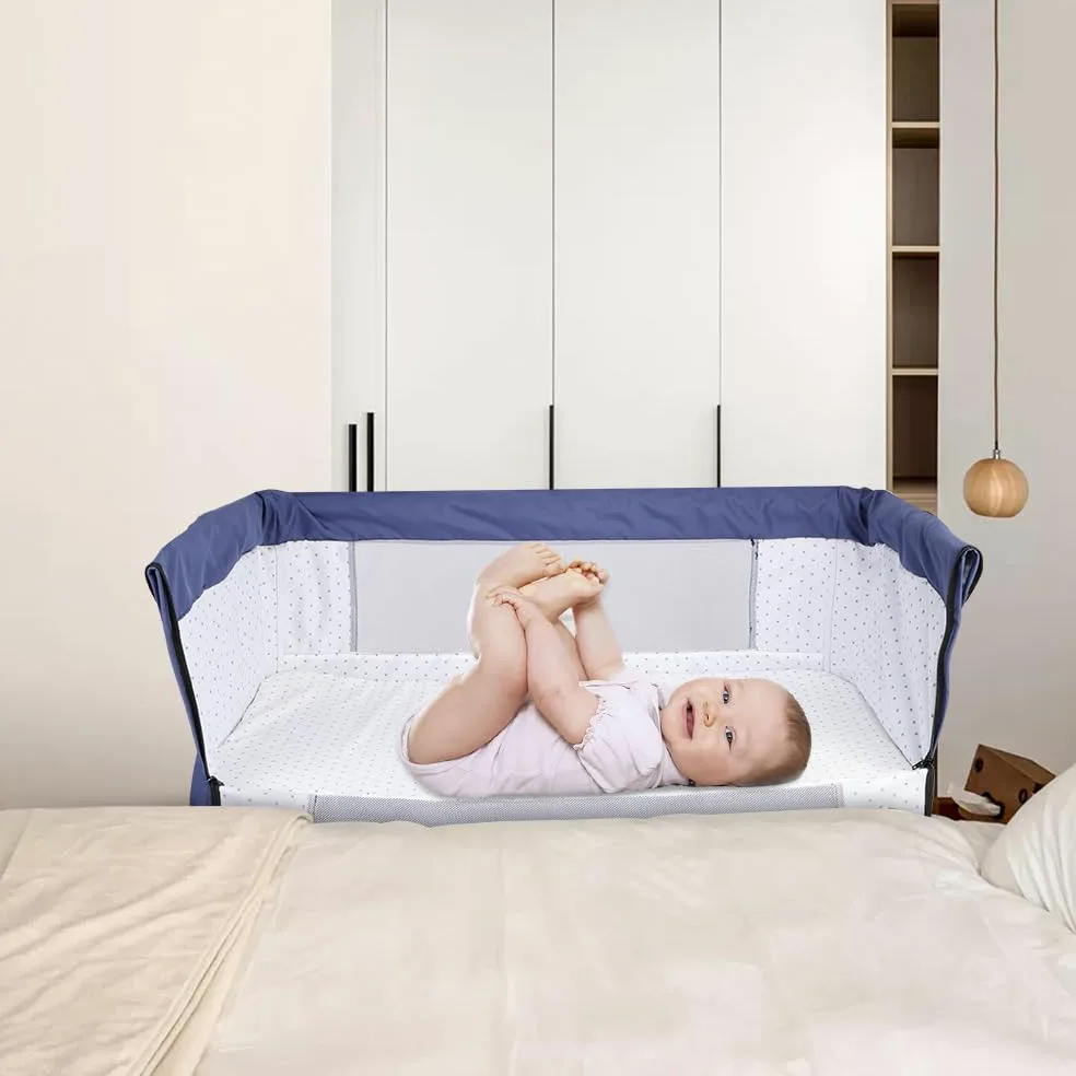 OHMG Culla Neonato con Materasso Imbottito,Culla Cododo,Culla Co-sleeping,Culla Bambini Pieghevole con 5 Altezze Regolabili,Lettino per Bambini,per Bambini 0-6 Mesi (Blu tibetano (104x52x103-115cm))