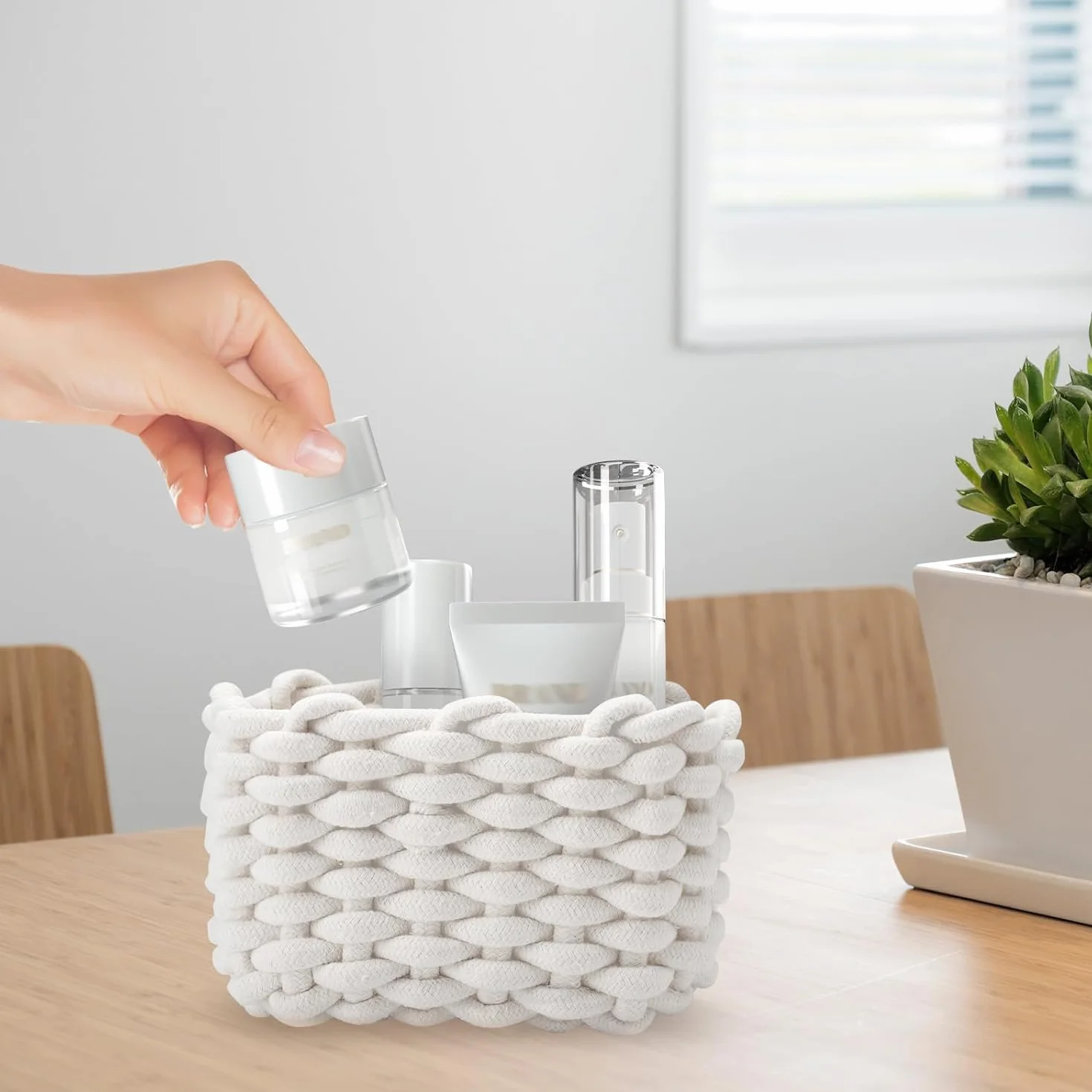 Confezione Doppia di Cestini per Pannolini, Piccoli Intrecciati in Morbido Cotone, Quadrati per Bagno e Trucco, Mini Bianchi
