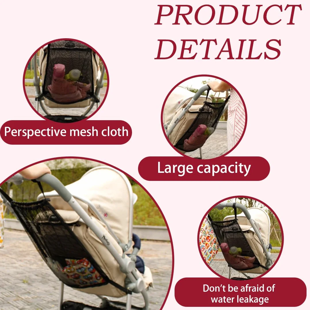1 Pezzo Borsa in Rete 30×50cm Universale per Carrozzine, Passeggini, Passeggini Sportivi, Jogger per Gemelli/Chiusura a Scatto Semplice,Nero