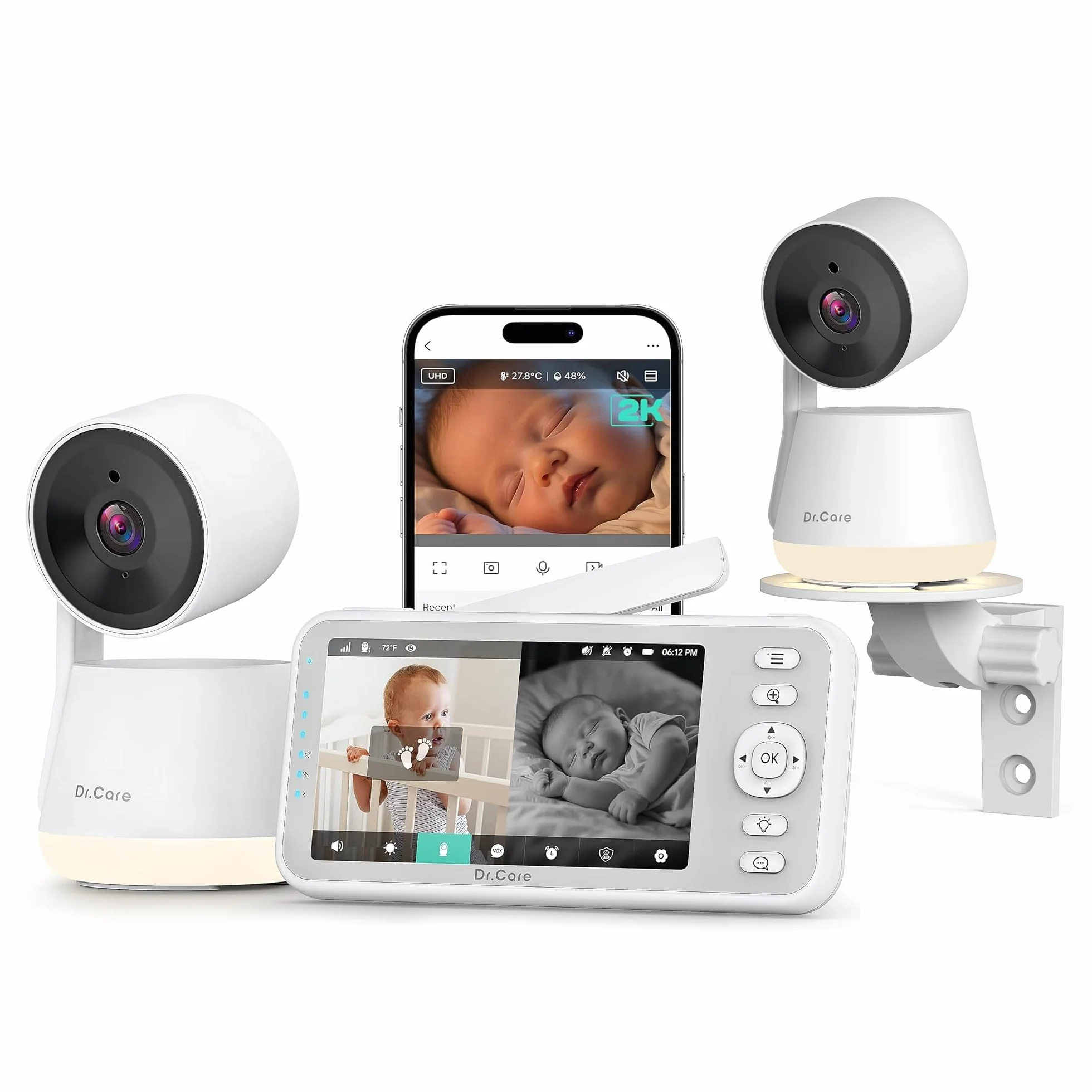 Dr.Care LumiView Baby Monitor WiFi SBM003-1080P FHD & 2K, Controllo App, Modalità Privacy, Batteria 5000mAh, Allarmi Pianto e Movimento, Luce Notturna RGB (Monitor 5" con 2 Telecamere)