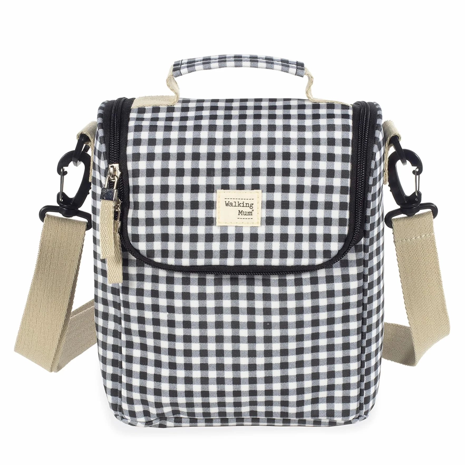 Walking Mum. Borsa termica per alimenti per bambini I Love Vichy, grande capacità, design versatile con manico corto e tracolla per portarlo sulle spalle. Colore: nero. Dimensioni: 26 x 23 cm, Nero