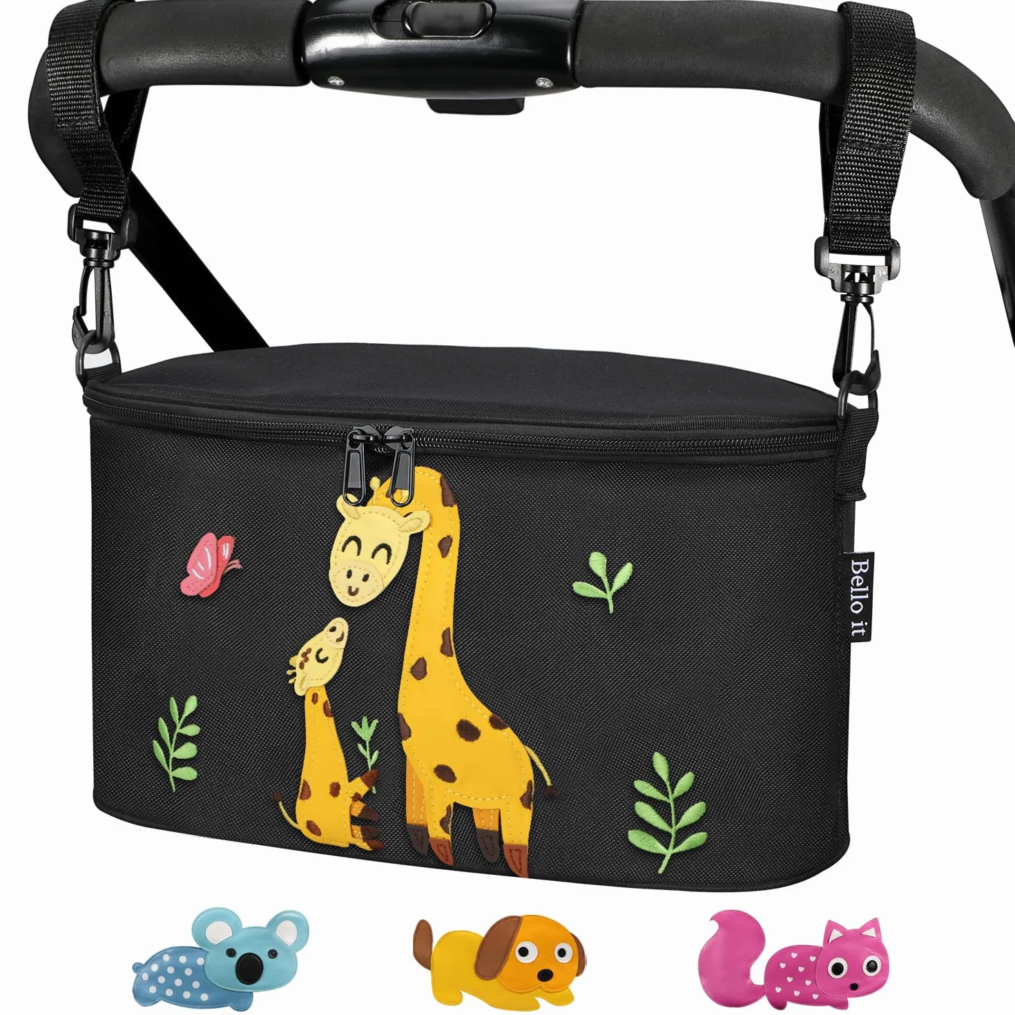 Borsa per Passeggino,Organizer per Passeggino o Carrozzina, Borsa da Passeggino Piccola Dei Animati Cartoni Design, Leggera e Capiente (Giraffa (Nero))