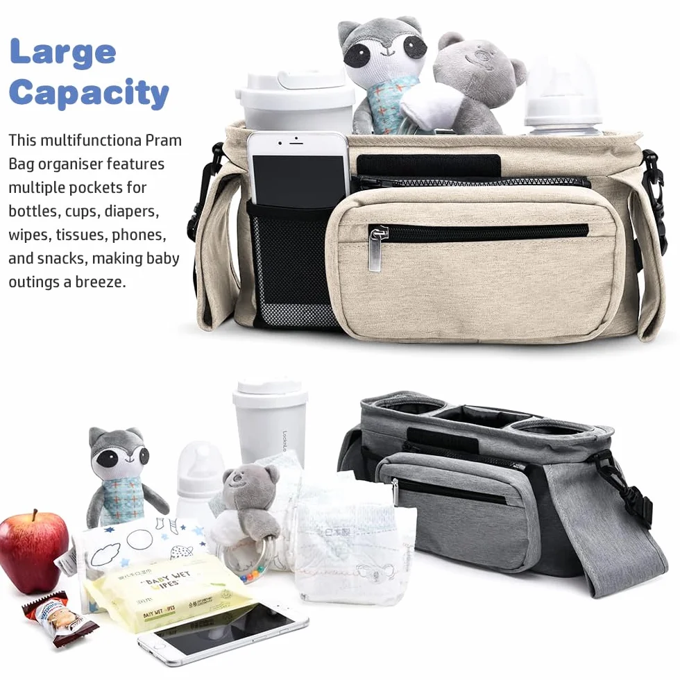 Borsa universale per passeggino, borsa per passeggino con 2 portabicchieri isolati, grande capacità, organizer con tracolla e ganci di sicurezza antiscivolo (beige)