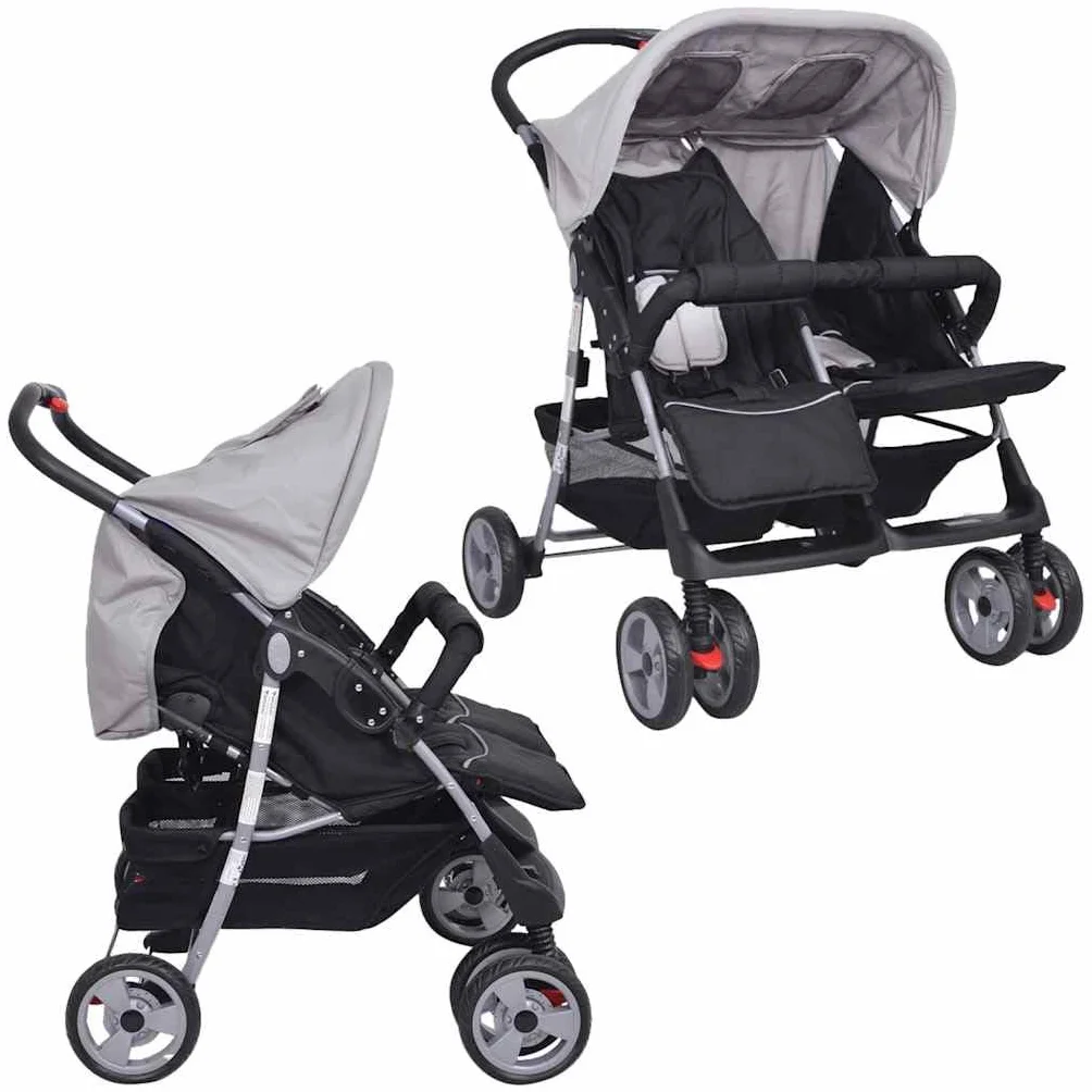 vidaXL Passeggino Gemellare Bambini Regolabile Acciaio Grigio Nero Carrozzina