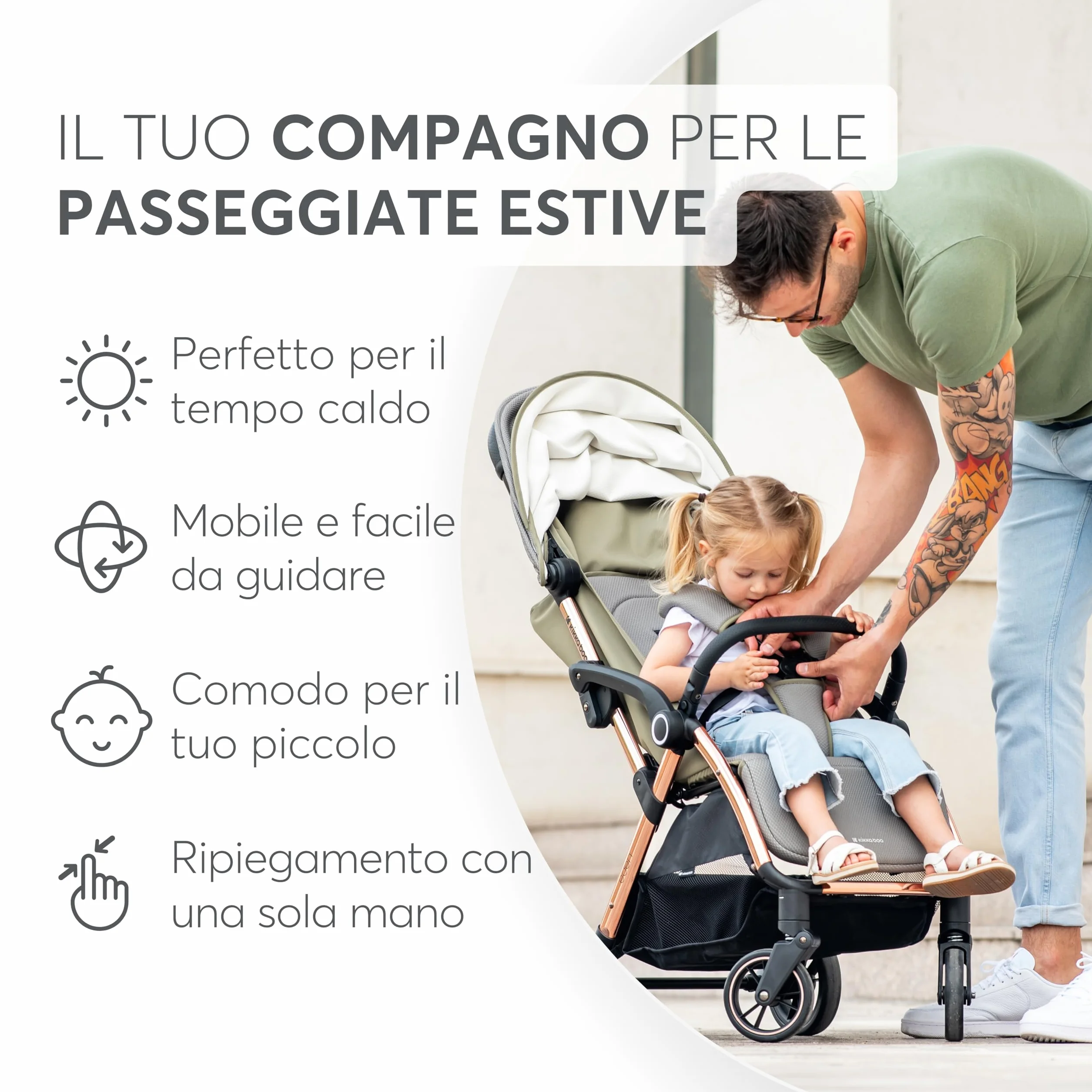 Passeggino KikkaBoo EDEN, Passeggino fino a 22 kg, Ripiegamento automatico, Posizione reclinabile, Ultraleggero, Compatto, Beige