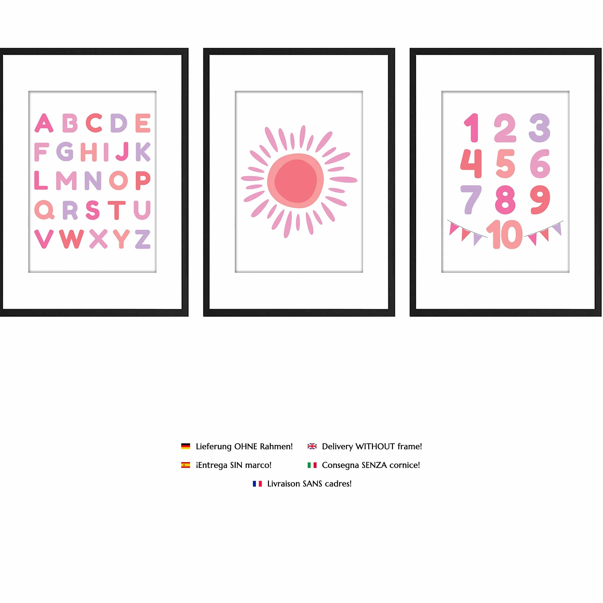 PREMYO Quadri per Camera Bambini - Set di Poster Alfabeto ABC Rosa - Stampe da Parete Decorazione Cameretta Neonato A4