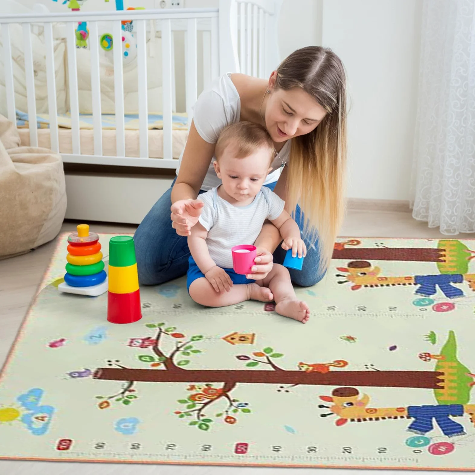 Tappeto Per Bambini 200 X 180 Cm Tappetino A Doppia Faccia Per Gattonamento | Tappeto per Sala Giochi e Area Ricreativa Per Casa Appartamento Fattoria Asilo Soggiorno e Camera da