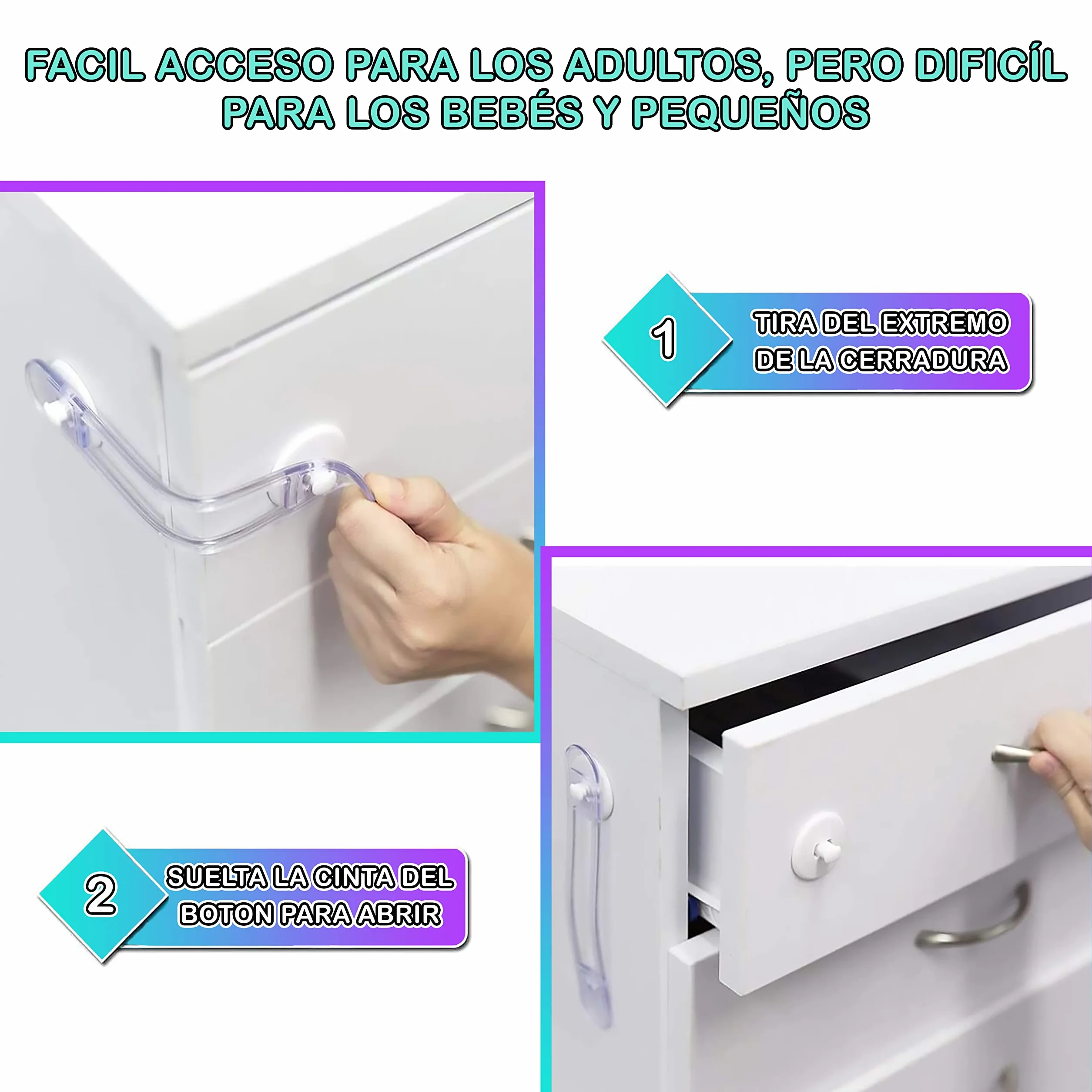 [8 unità] Serrature trasparenti di sicurezza per neonati, blocco con adesivo 3M, chiusure per armadi, cassetti, WC, cucine, porte, finestre, frigoriferi [pestelli trasparenti]