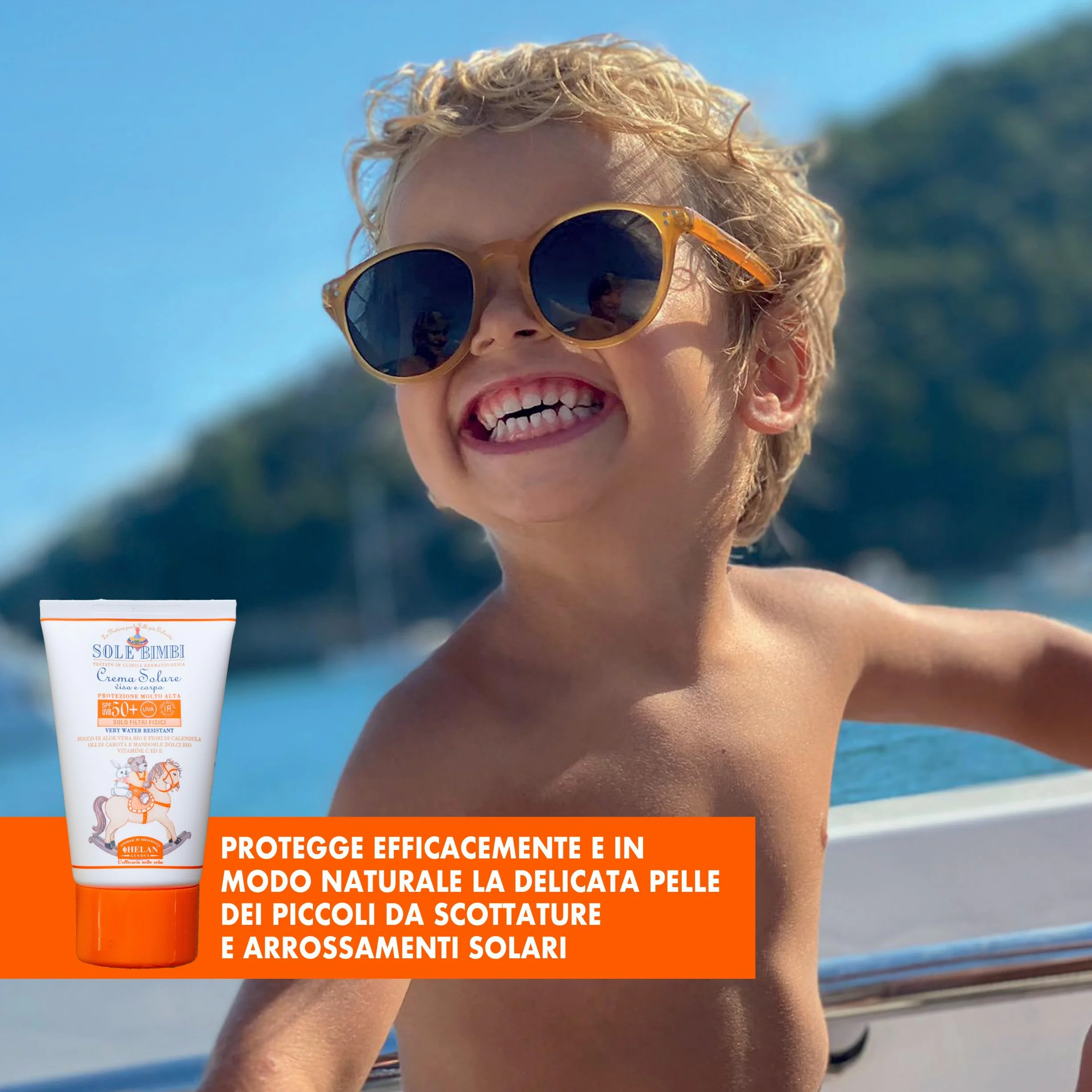 Helan, Sole Bimbi - Crema Solare 50+ Bambini e Neonati, Protezione Solare 50+ SPF Molto Alta contro Raggi UVB/UVA, Crema Solare Viso e Corpo con Olio di Mandorle Dolci, Vitamina E e Aloe Vera, 50 ml
