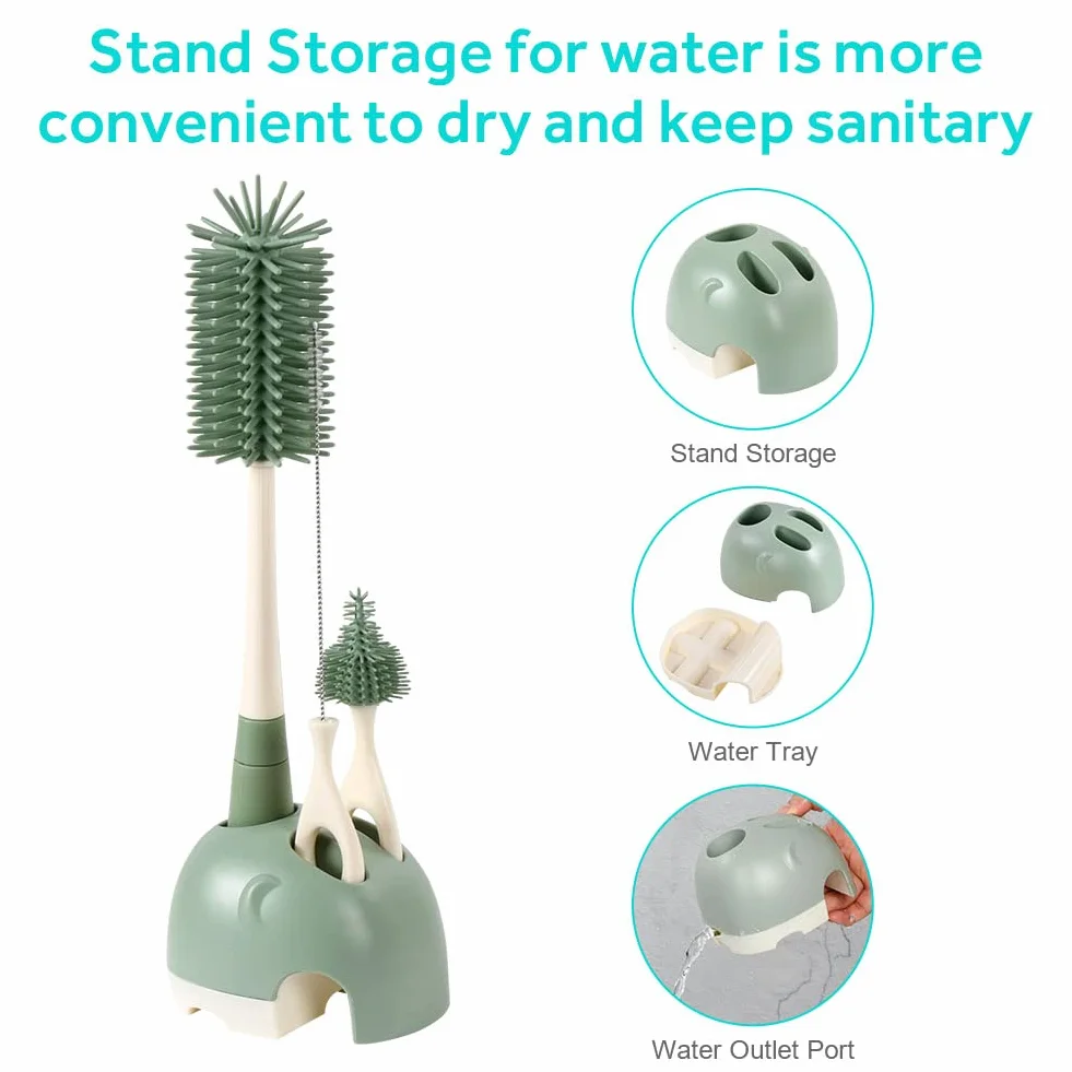 Vicloon Spazzola per Biberon, 3 Pezzi Silicone Pulizia Biberon e Ciuccio con Base per Riporre, Scovolino in Silicone per la Pulizia Tettarella, Cannucce, Verde-Base