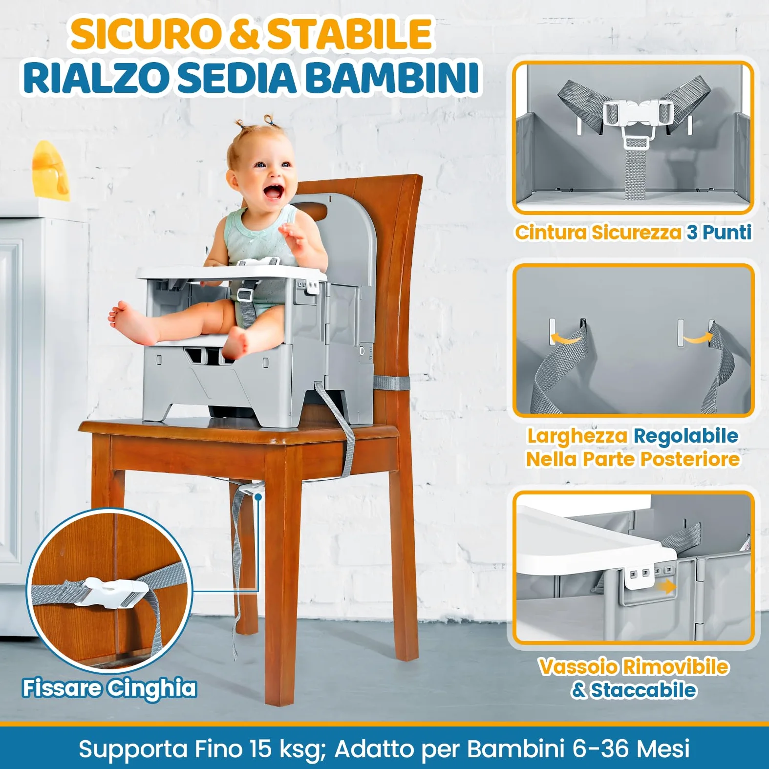 Orzbow Sedia pieghevole per bambini, stabile seggiolone da viaggio con vassoio rimovibile, materiale ABS e struttura stabile, sedia da campeggio portatile per bambini da 6 mesi a 3 anni, 15 kg, grigio