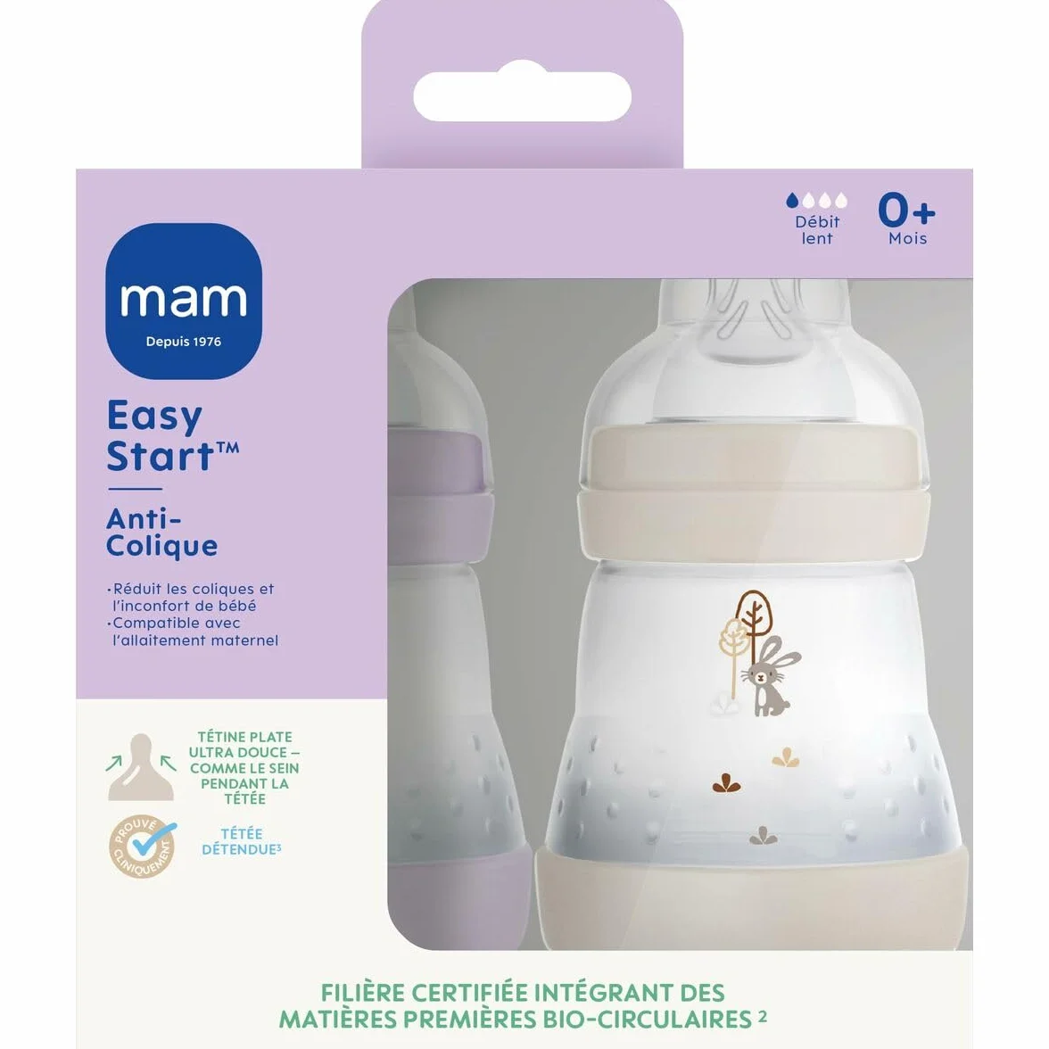 MAM 2 biberon Easy Start Anti-Colica 0+ mesi flusso lento (2 x 160 ml) lilla + sabbia - Biberon per ridurre le coliche e il disagio del bambino - Biberon per l'allattamento