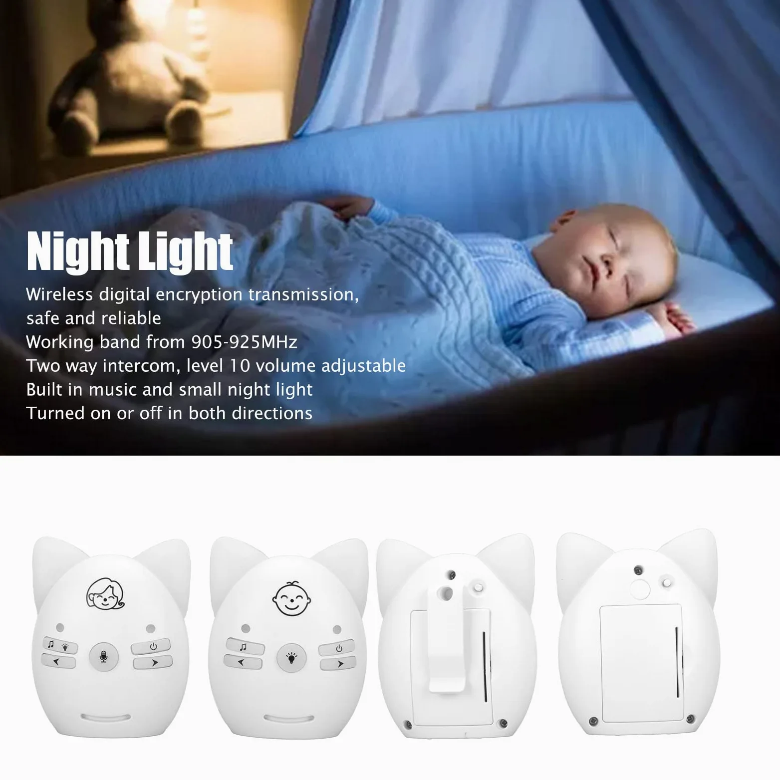 Baby Monitor Aggiornato, Baby Monitor Wireless con Messa a Fuoco Digitale, Luce Notturna SM da 905 a 925 MHz a Lungo Raggio, Suono Cristallino, Spina Europea 100‑240 V (Bianco)