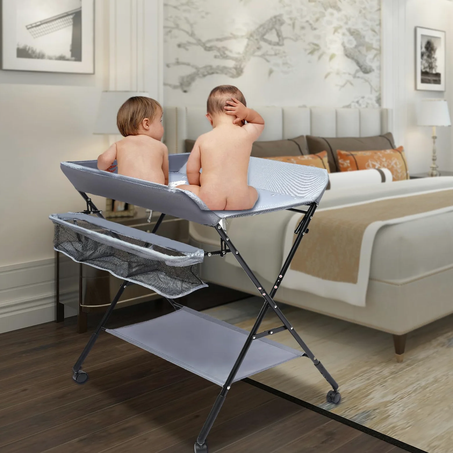 Fasciatoio pieghevole, fasciatoio portatile con fasciatoio, cintura di sicurezza e scomparti, salvaspazio e stabile, adatto per bambini sotto i 25 kg o 0-1 anni (grigio)