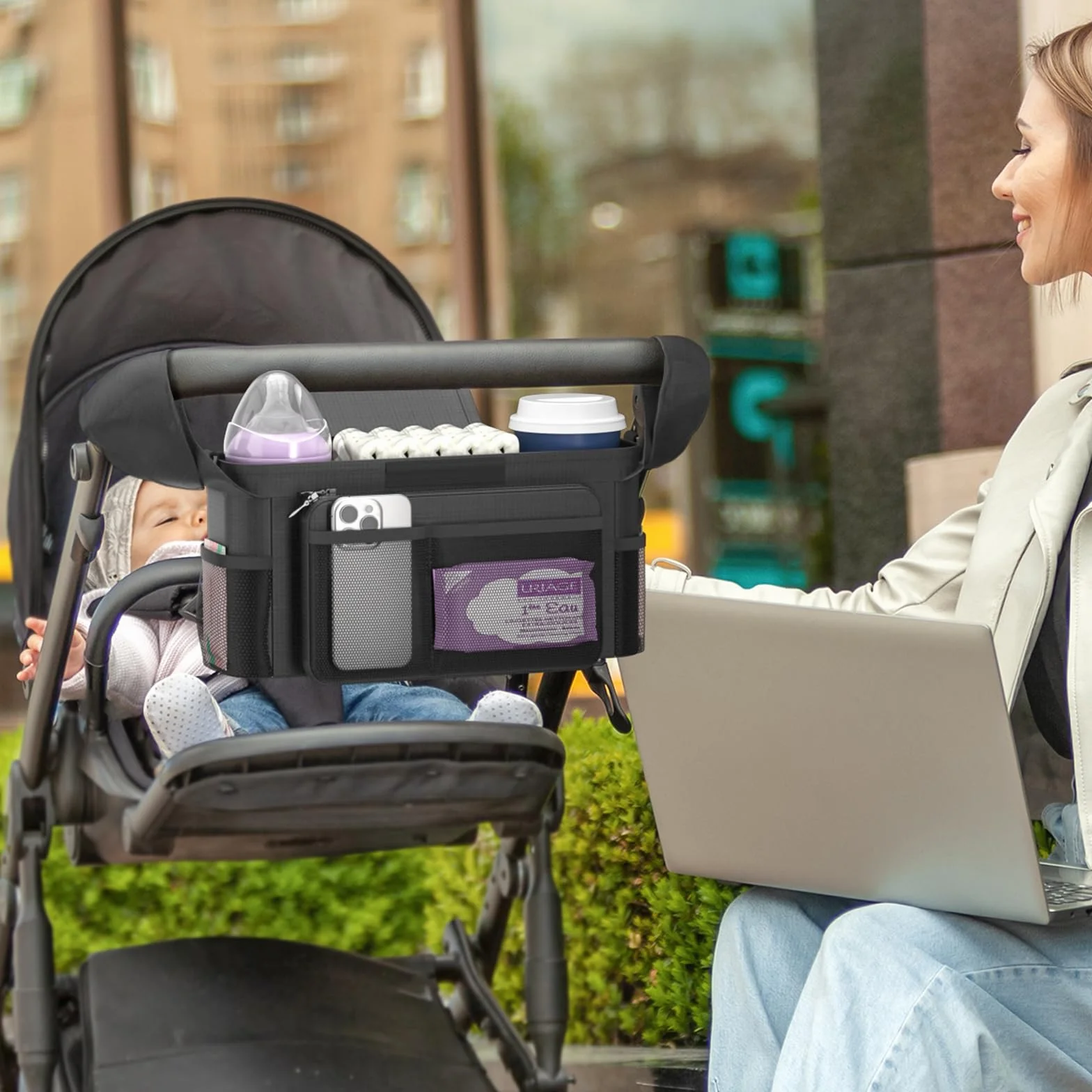 KDD Borsa Passeggino con Portabicchieri Isolato, Borsa per Passeggino con Tasca da Polso e Tracolla Staccabili, Organizer per Passeggino Universale, Borsa Carrozzina Neonato per Uppababy, Doona, Nuna