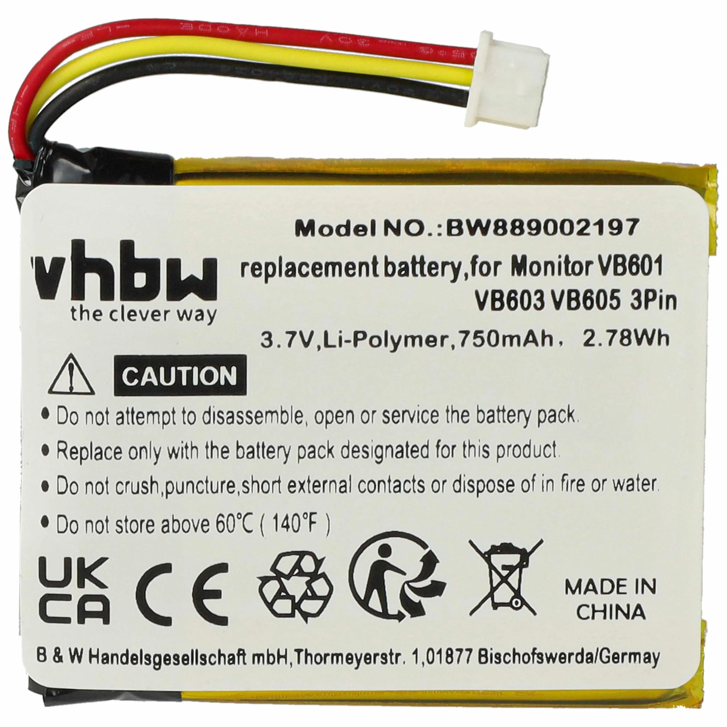vhbw batteria compatibile con Boifun VB603, VB601, E40, VB610, VB605 babyphone (750mAh, 3,7V, Li-Poly)