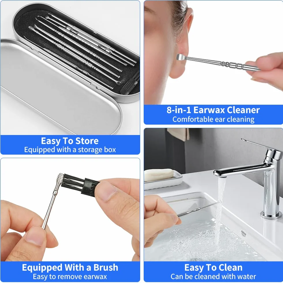 Kit Pulizia Orecchio, 8 Pezzi Strumenti per Pulizia dell’Orecchio in Acciaio Inox, con Scatola Portaoggetti, Detergente per Orecchie Igienico Riutilizzabile per Adulti e Bambini- Argento