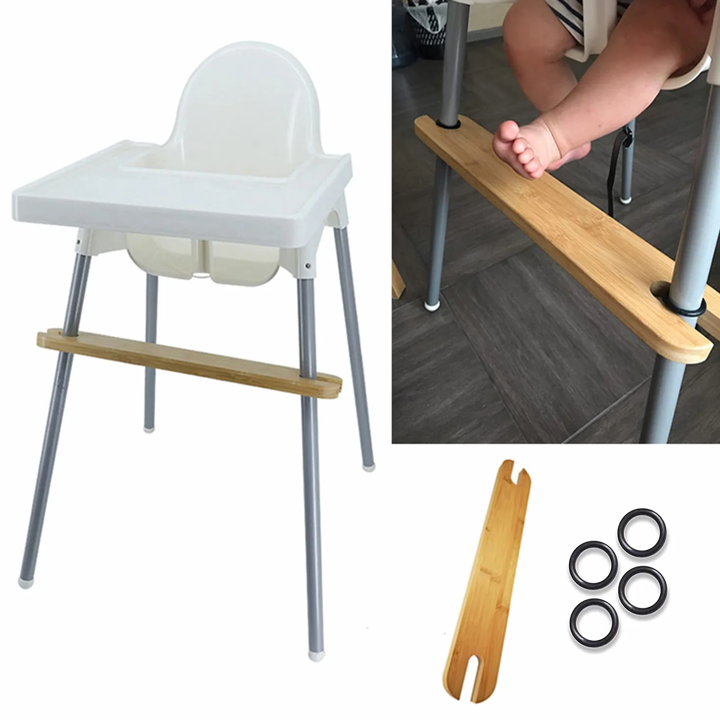 Poggiapiedi per Seggiolone in Legno Naturale Antiscivolo Regolabile - Con Anelli di Gomma, Compatibile Con IKEA Antilop